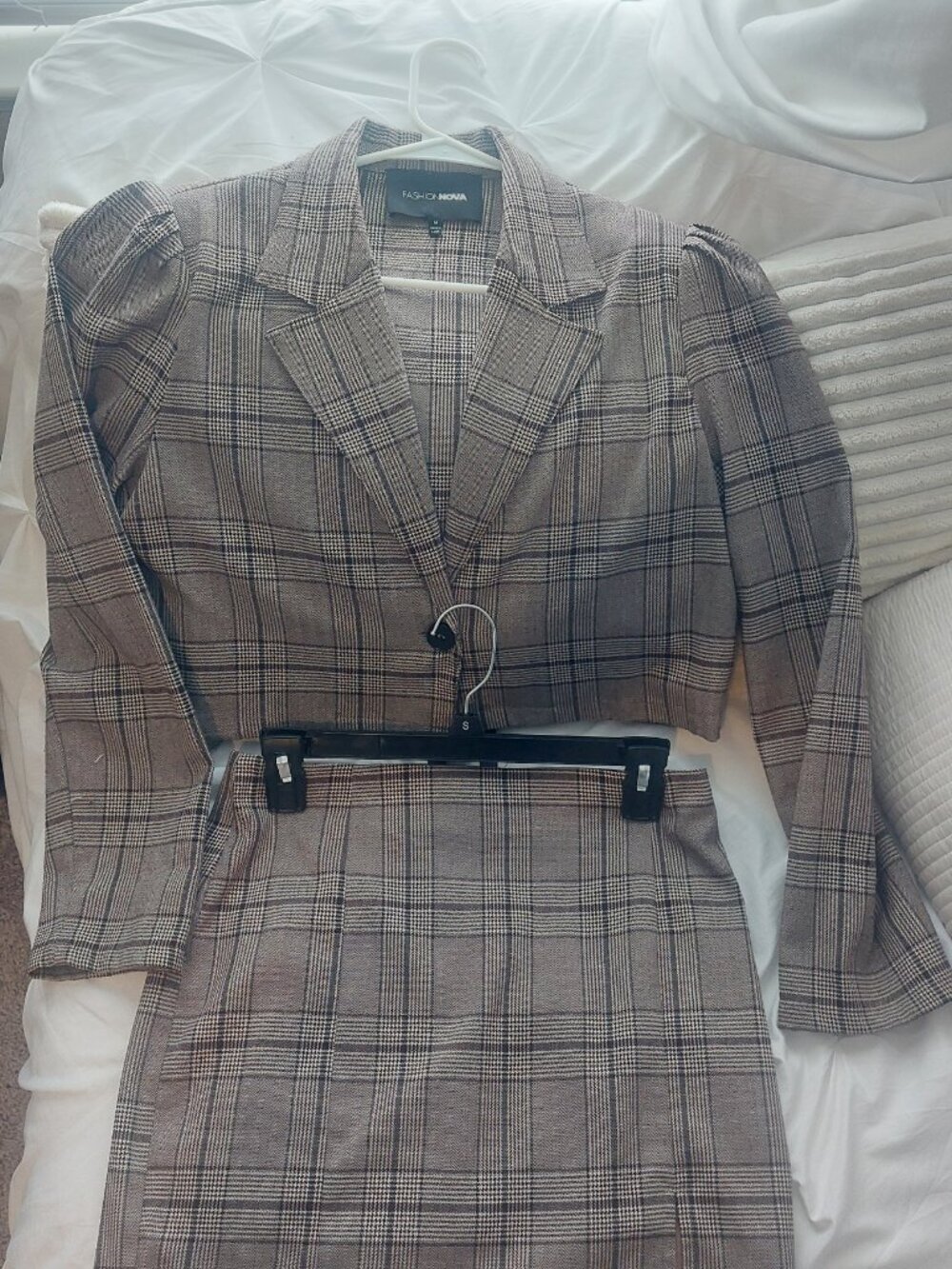 Fashion Nova Brown Plaid Cropped Padded Shoulder Jacket Mini Skirt Set M